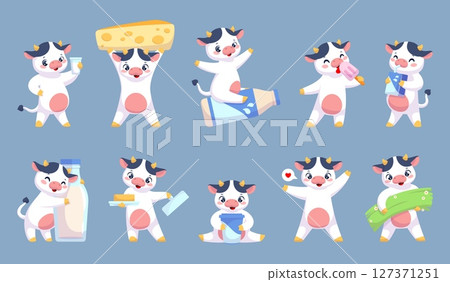 Cute cow character. Cartoon farm animal mascot, milk and dairy products advertising, mammal in different poses, actions, positive emotions, livestock funny talisman classy vector isolated set 127371251