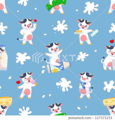Cute cow seamless pattern. Cartoon funny farm animals with dairy products, repeated white milk blots, little calf. Textile, wrapping paper, wallpaper. Print for fabric, classy vector background 127371253