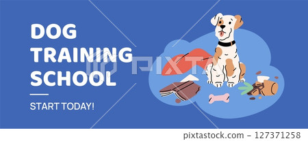 Dog training school poster. Pet behavior correction, psychologist who works with animals, solutions to problem, cute puppy, web advertising banner. Garish vector cartoon flat isolated concept 127371258