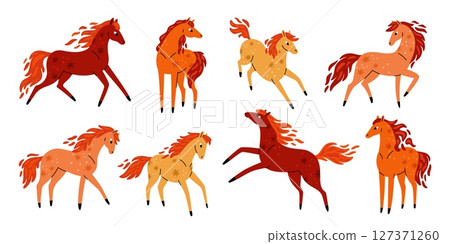 Funny horses. Cartoon cute steeds characters, burning animals, new year 2026 symbol, chinese horoscope, fiery stallions. Mustang jumping and running, garish vector isolated flat set 127371260