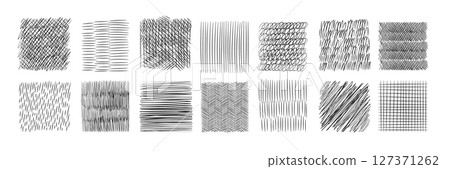 Hand drawn crosshatch. Simple artistic pencil lines, stripe hatch, circular, cell, different angles, black pen strokes. Square shapes with ornaments, black rough textures, garish vector set Hand drawn crosshatch. Simple artistic pencil lines, stripe hatch, circular, cell, different angles, black pen strokes. Square shapes with ornaments, black rough textures, garish vector set 127371262