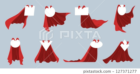 Labels with cartoon red cape. Different shapes empty banners, silk cloaks, folded draperies, superhero stickers mockup, masquerade carnival cloth with copy space nowaday vector isolated set 127371277