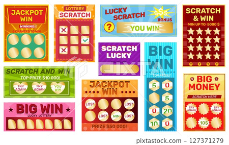 Lottery scratch effects tickets. Instant win, different design, golden paint layers, gambling stickers, lucky game. Winning prize flyers template, shopping coupon, qualitative vector set 127371279