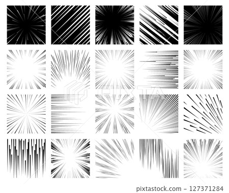 Manga frames. Comic book graphic effects collection, speed lines and dynamic strokes, black and white background, anime fast movement, radial motion rays, qualitative vector set 127371284