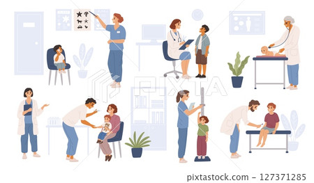 Medical kids examination. Children and babies admission to pediatric, ophthalmologist, otolaryngologist, psychotherapist, child healthcare. Garish vector cartoon flat isolated set 127371285