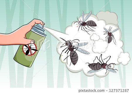 Mosquito poisoning. Human hand sprays can, insecticide bottle, scared dying insects, blood sucking parasites protection, bugs bite prevention, repellent aerosol, tidy vector cartoon concept 127371287