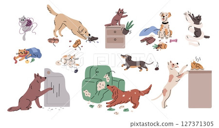 Pets bad behavior. Naughty cats and dogs tearing up furniture upholstery, gnawing on shoes, break things, making trouble, problems with domestic animals, garish vector cartoon isolated set 127371305