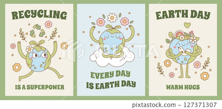Planet earth mascot cards. Funny cartoon personage, ecological symbol, save nature, cute globe with face, feet and hands, posters design, environmental care, garish vector isolated set 127371307