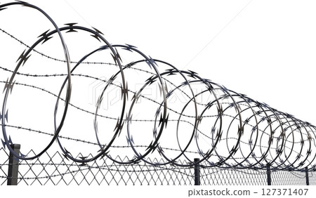 Spiral concertina barbed wire fence - 3d illustration 127371407