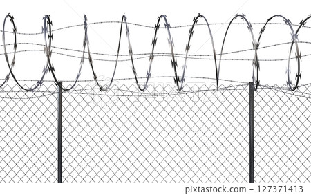 Spiral concertina barbed wire fence - 3d illustration 127371413
