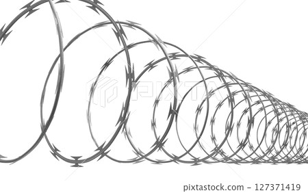 Spiral concertina barbed wire on white background - 3d illustration 127371419