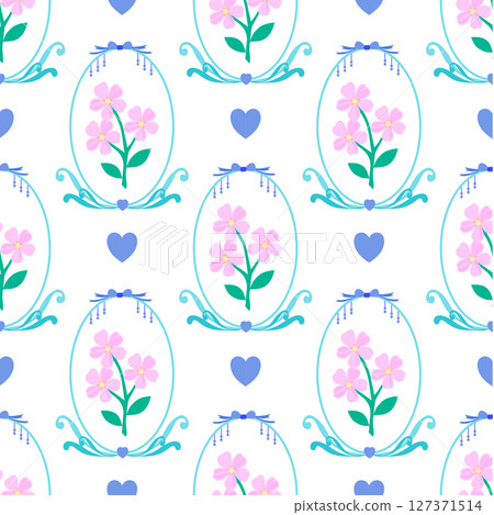 Seamless pattern of luxurious and beautiful floral motifs in a ribbon arch with hearts 127371514