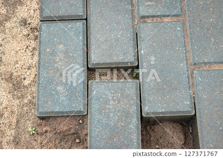 Newly laid gray paving stones creating a durable walkway in a residential area during late afternoon 127371767