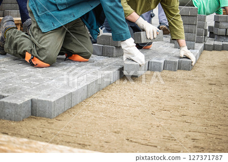 Workers lay gray paving stones on a sunny construction site for outdoor landscaping 127371787