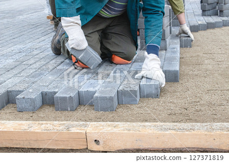 Skilled worker laying gray paving stones in outdoor construction project during sunny day 127371819