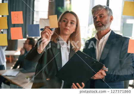 View through the glass full of stickers. Man and woman are standing. Group of business people are working in the modern office 127371860