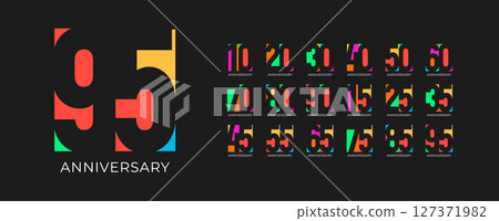 Colorful pop birthday anniversary celebration numbers on black. Youthful geometric style for jubilee events, creative branding, milestone years. Bold vibrant flat vector illustration 127371982