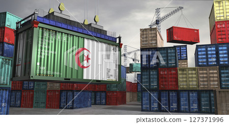 Cargo container with flag of Algeria lifted by crane at freight terminal - 3D illustration 127371996