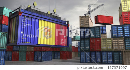 Cargo container with flag of Andorra lifted by crane at freight terminal - 3D illustration Cargo container with flag of Andorra lifted by crane at freight terminal - 3D illustration 127371997