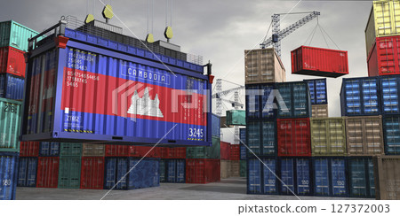 Cargo container with flag of Cambodia lifted by crane at freight terminal - 3D illustration 127372003