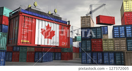 Cargo container with flag of Canada lifted by crane at freight terminal - 3D illustration 127372005