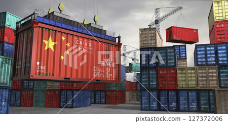 Cargo container with flag of China lifted by crane at freight terminal - 3D illustration 127372006
