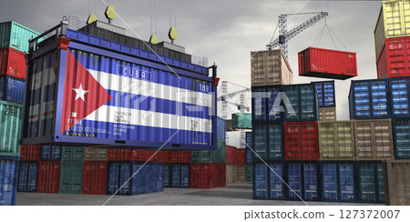 Cargo container with flag of Cuba lifted by crane at freight terminal - 3D illustration 127372007