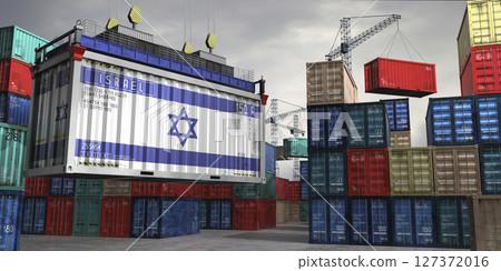Cargo container with flag of Israel lifted by crane at freight terminal - 3D illustration Cargo container with flag of Israel lifted by crane at freight terminal - 3D illustration 127372016