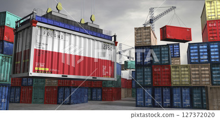 Cargo container with flag of Poland lifted by crane at freight terminal - 3D illustration Cargo container with flag of Poland lifted by crane at freight terminal - 3D illustration 127372020