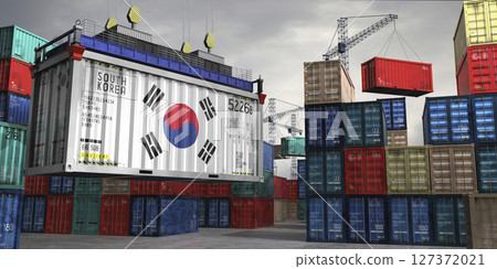 Cargo container with flag of South Korea lifted by crane at freight terminal - 3D illustration 127372021