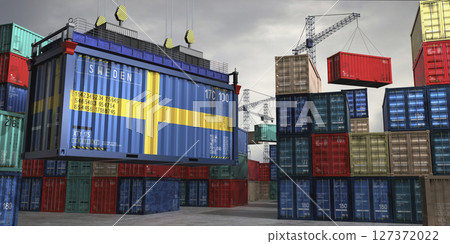Cargo container with flag of Sweden lifted by crane at freight terminal - 3D illustration Cargo container with flag of Sweden lifted by crane at freight terminal - 3D illustration 127372022