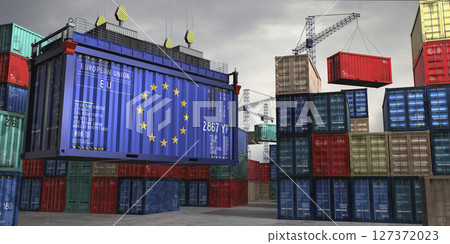 Cargo container with flag of European Union lifted by crane at freight terminal - 3D illustration Cargo container with flag of European Union lifted by crane at freight terminal - 3D illustration 127372023