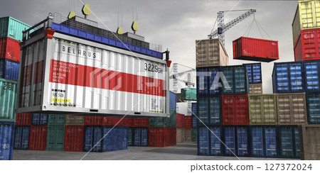 Cargo container with flag of Belarus lifted by crane at freight terminal - 3D illustration Cargo container with flag of Belarus lifted by crane at freight terminal - 3D illustration 127372024