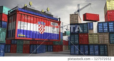 Cargo container with flag of Croatia lifted by crane at freight terminal - 3D illustration 127372032