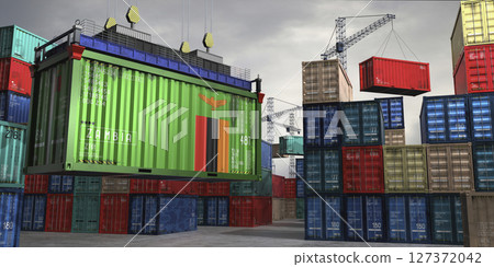 Cargo container with flag of Zambia lifted by crane at freight terminal - 3D illustration Cargo container with flag of Zambia lifted by crane at freight terminal - 3D illustration 127372042