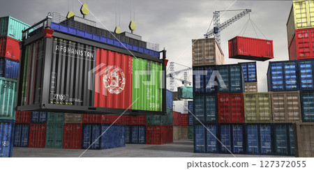 Cargo container with flag of Afghanistan lifted by crane at freight terminal - 3D illustration Cargo container with flag of Afghanistan lifted by crane at freight terminal - 3D illustration 127372055