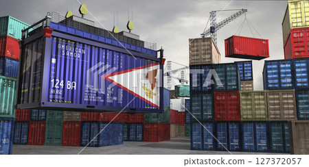Cargo container with flag of American Samoa lifted by crane at freight terminal - 3D illustration 127372057