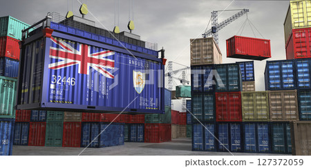 Cargo container with flag of Anguilla lifted by crane at freight terminal - 3D illustration Cargo container with flag of Anguilla lifted by crane at freight terminal - 3D illustration 127372059