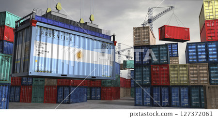 Cargo container with flag of Argentina lifted by crane at freight terminal - 3D illustration 127372061