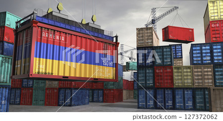Cargo container with flag of Armenia lifted by crane at freight terminal - 3D illustration 127372062