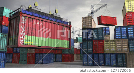 Cargo container with flag of Belarus lifted by crane at freight terminal - 3D illustration Cargo container with flag of Belarus lifted by crane at freight terminal - 3D illustration 127372066