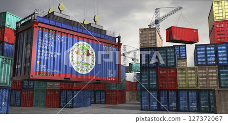 Cargo container with flag of Belize lifted by crane at freight terminal - 3D illustration Cargo container with flag of Belize lifted by crane at freight terminal - 3D illustration 127372067