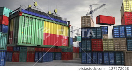Cargo container with flag of Benin lifted by crane at freight terminal - 3D illustration Cargo container with flag of Benin lifted by crane at freight terminal - 3D illustration 127372068