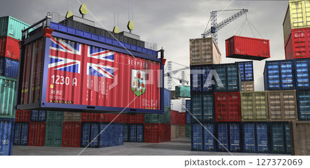 Cargo container with flag of Bermuda lifted by crane at freight terminal - 3D illustration Cargo container with flag of Bermuda lifted by crane at freight terminal - 3D illustration 127372069