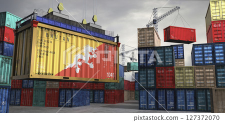 Cargo container with flag of Bhutan lifted by crane at freight terminal - 3D illustration Cargo container with flag of Bhutan lifted by crane at freight terminal - 3D illustration 127372070