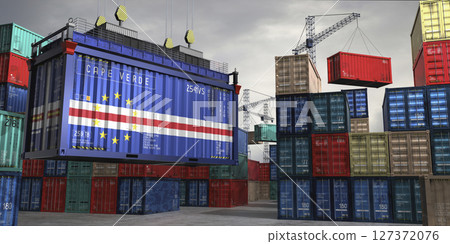 Cargo container with flag of Cape Verde lifted by crane at freight terminal - 3D illustration Cargo container with flag of Cape Verde lifted by crane at freight terminal - 3D illustration 127372076