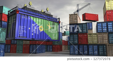 Cargo container with flag of Christmas Island lifted by crane at freight terminal - 3D illustration Cargo container with flag of Christmas Island lifted by crane at freight terminal - 3D illustration 127372078