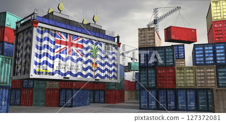 Cargo container with flag of British Indian Ocean Territory lifted by crane at freight terminal - 3D illustration 127372081