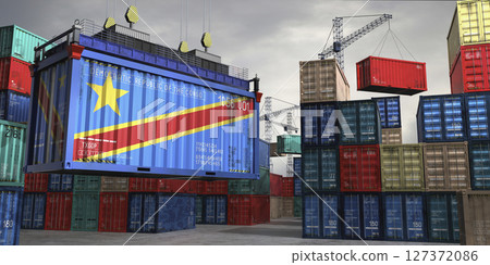 Cargo container with flag of Democratic Republic of the Congo lifted by crane at freight terminal - 3D illustration 127372086