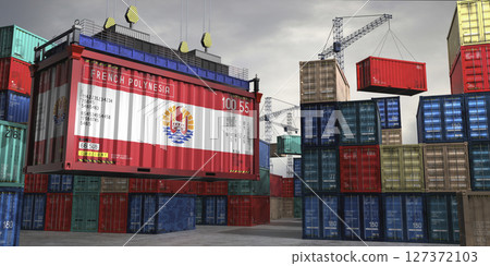 Cargo container with flag of French Polynesia lifted by crane at freight terminal - 3D illustration Cargo container with flag of French Polynesia lifted by crane at freight terminal - 3D illustration 127372103